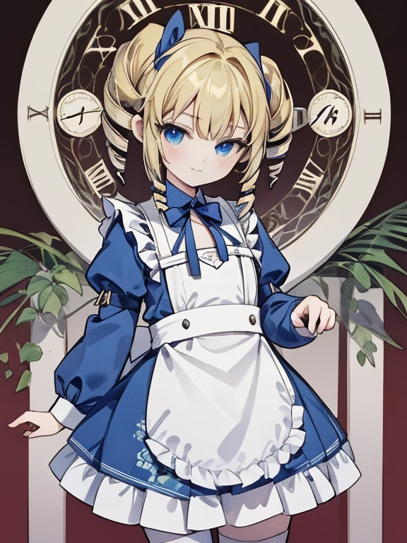 masterpiece, Highest quality, Very detailed, 16K, Ultra-high resolution, Cowboy Shot, Alice in Wonderland, (art nouveau:1.4), 10-year-old girl, Detailed face, Mischievous Smile, blue eyes, Blonde, (mega twin drills:1.4), Ribbon on head, Blue clothes, Plain white apron, 大きなclockのある部屋で, clock, 壁clock