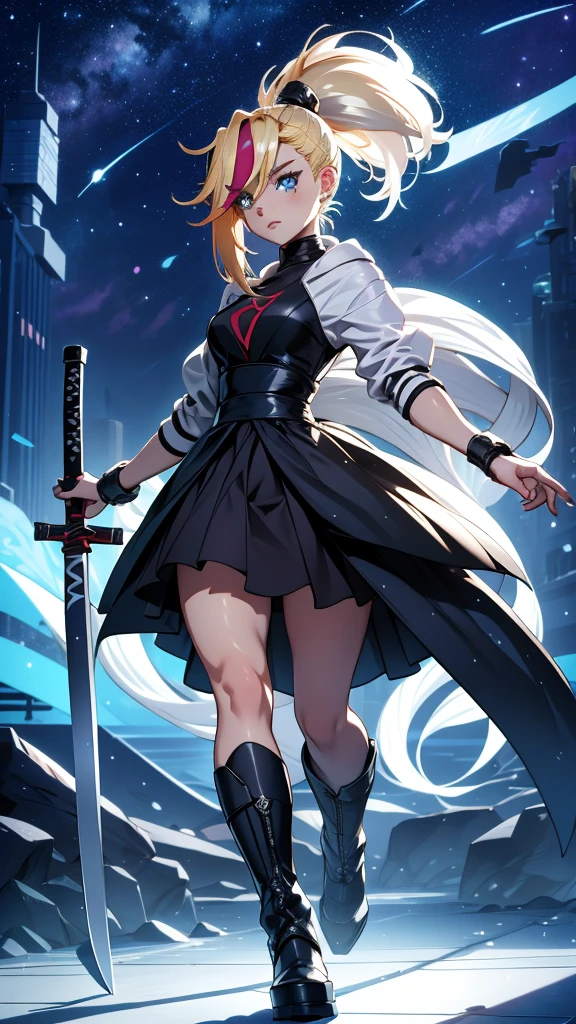 1 girl, ultra long hair, ultra detailed face, glowing lips, glowing blue eyes, very long ponytail, elegant walk, catwalk, holding down a  giant katana, blonde, long eyelashes, long boots , looking to the sky, starry sky, a ultra giant katana 