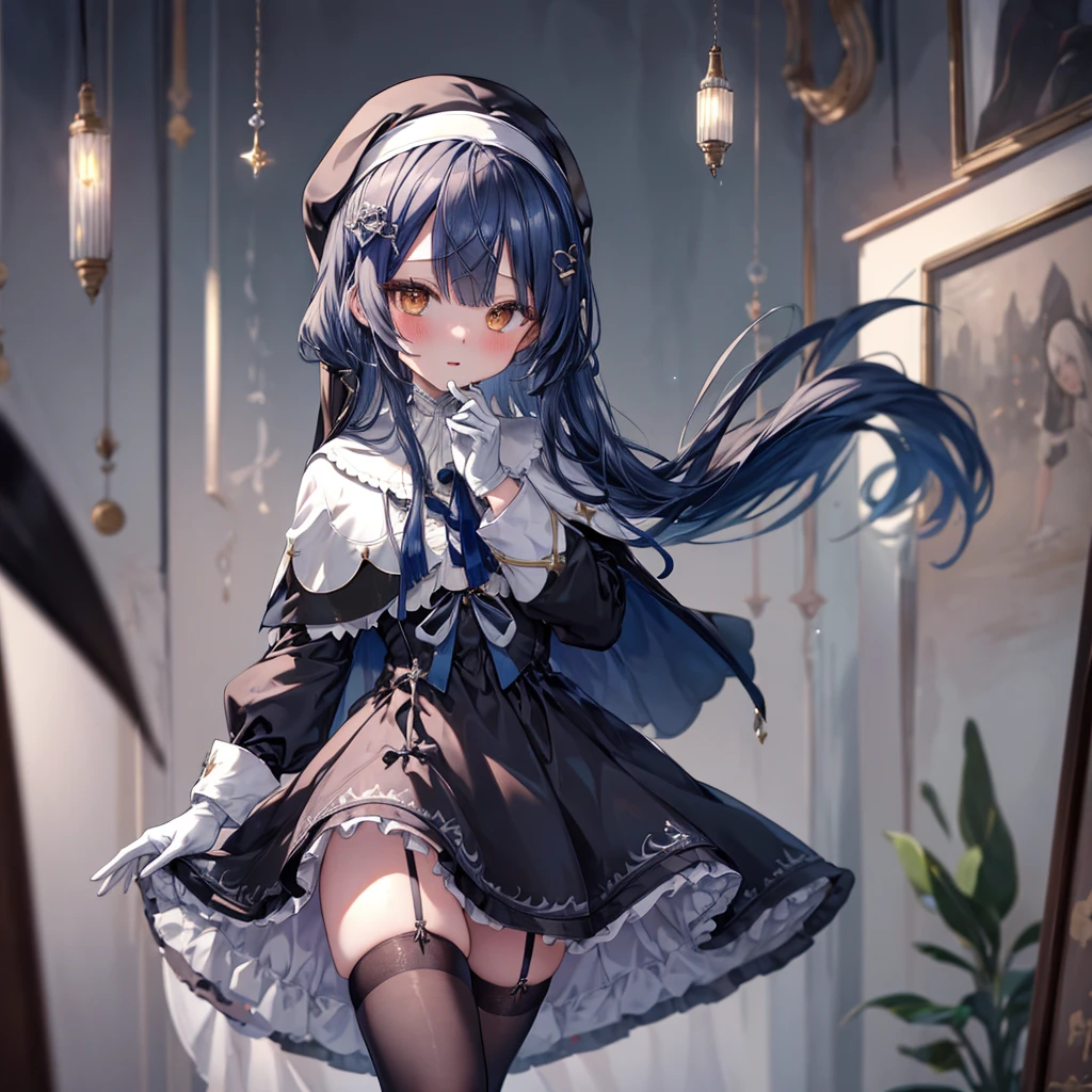 ((Highest quality)), ((masterpiece)), (detailed), (nsfw), a painting that is a woman dressed in clothes a nun or something, 1girl, 独奏, long hair, nun, dress, thighhighs, gloves, White Capelet, white gloves, brown eyes, looking at viewer, black thighhighs, blush, black dress, long sleeves, capelet, bangs, (wet)