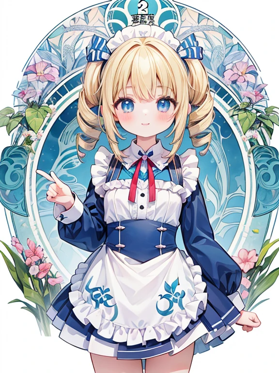 masterpiece, Highest quality, Very detailed, 16K, Ultra-high resolution, Cowboy Shot, Alice in Wonderland, (art nouveau:1.5), 10-year-old girl, Detailed face, Mischievous Smile, blue eyes, Blonde, (mega twin drills:1.4), Ribbon on head, Blue clothes, Plain white apron, 大きなclockのある部屋で, clock, 壁clock