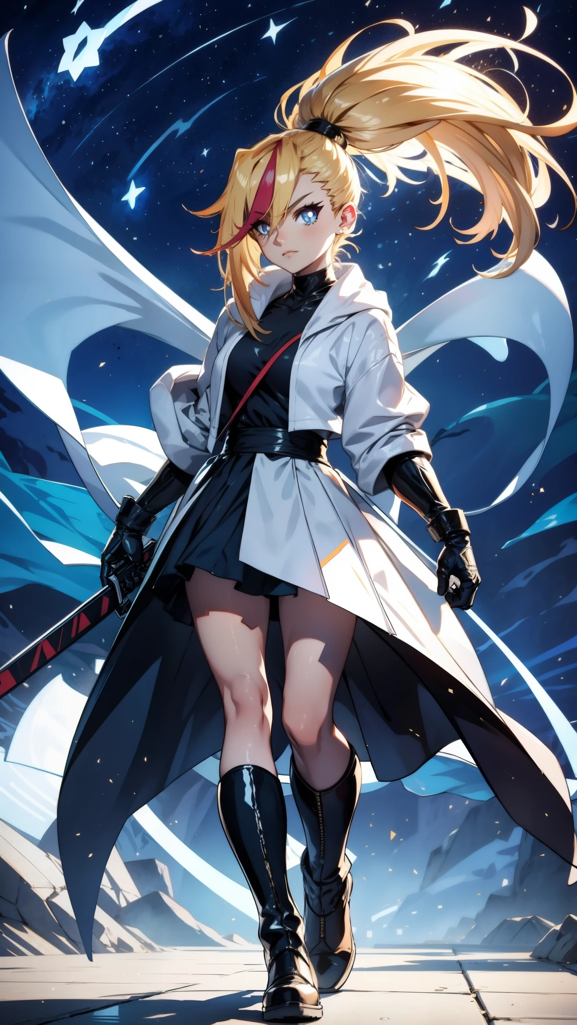 1 girl, ultra long hair, ultra detailed face, glowing lips, glowing blue eyes, very long ponytail, elegant walk, catwalk, holding down a  giant katana, blonde, long eyelashes, long boots , looking to the sky, starry sky, a ultra giant katana 