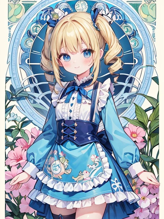 masterpiece, Highest quality, Very detailed, 16K, Ultra-high resolution, Cowboy Shot, Alice in Wonderland, (art nouveau:1.5), 10-year-old girl, Detailed face, Mischievous Smile, blue eyes, Blonde, (mega twin drills:1.3), Ribbon on head, Blue clothes, Plain white apron, 大きなclockのある部屋で, clock, 壁clock