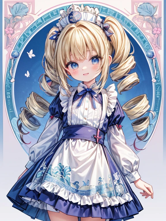 masterpiece, Highest quality, Very detailed, 16K, Ultra-high resolution, Cowboy Shot, Alice in Wonderland, (art nouveau:1.5), 10-year-old girl, Detailed face, Mischievous Smile, blue eyes, Blonde, (mega twin drills:1.3), Ribbon on head, Blue clothes, Plain white apron, 大きなclockのある部屋で, clock, 壁clock