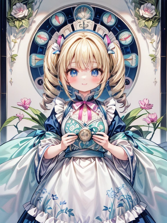 masterpiece, Highest quality, Very detailed, 16K, Ultra-high resolution, Cowboy Shot, Alice in Wonderland, (art nouveau:1.5), 10-year-old girl, Detailed face, Mischievous Smile, blue eyes, Blonde, (mega twin drills:1.3), Ribbon on head, Blue clothes, Plain white apron, 大きなclockのある部屋で, clock, 壁clock