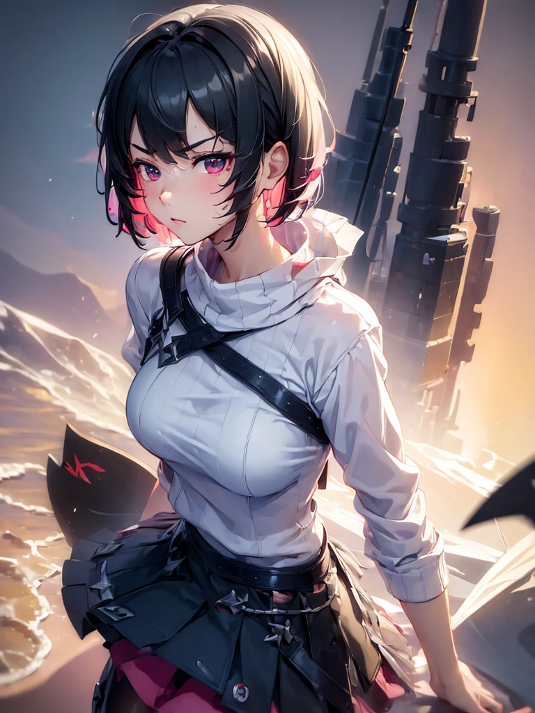 (masterpiece, best quality:1.4), 8k, Ellen Joe, Black Short Hair, Red Highlights, Young adult, anime girl, Annoyed, Glaring, mad, light Pink eye, Big chest, White Sweater, Black Skirt, Shark Tail (detailed eyes and face, sharp pupils, realistic pupils:0.6)