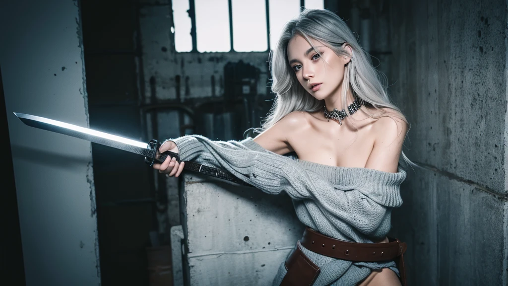 Very beautiful girl, BDSM, minimum clothing, belts, equal rags, A dark prison with a rough cell, Long white hair, , Rudeness, , leather collar, full length, belts на руках и ногах, cuffs on the arms, sword belt, dark lighting, Sharpness, grain, very beautiful face, chedevr, Wet body, Lots of gray lighting,((best quality)), ((masterpiece)), (detailed), 1girl, off-shoulder sweater,