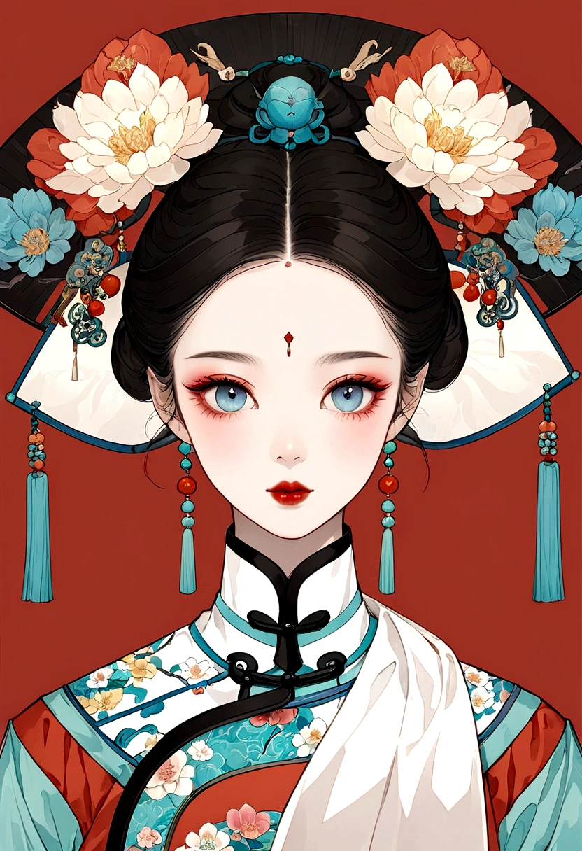 Procreate board drawing beautiful digital art，Clean lines，Beautiful Chinese Qing Dynasty Princess，Bright Eyes，Exquisite facial features，(((Qing Dynasty Gaoqitou，Flowers)))，symmetry，（Qing Dynasty Clothing，White scarf）Handheld tuan fan，Bright colors，High Saturation，Solid red background，Medium shot