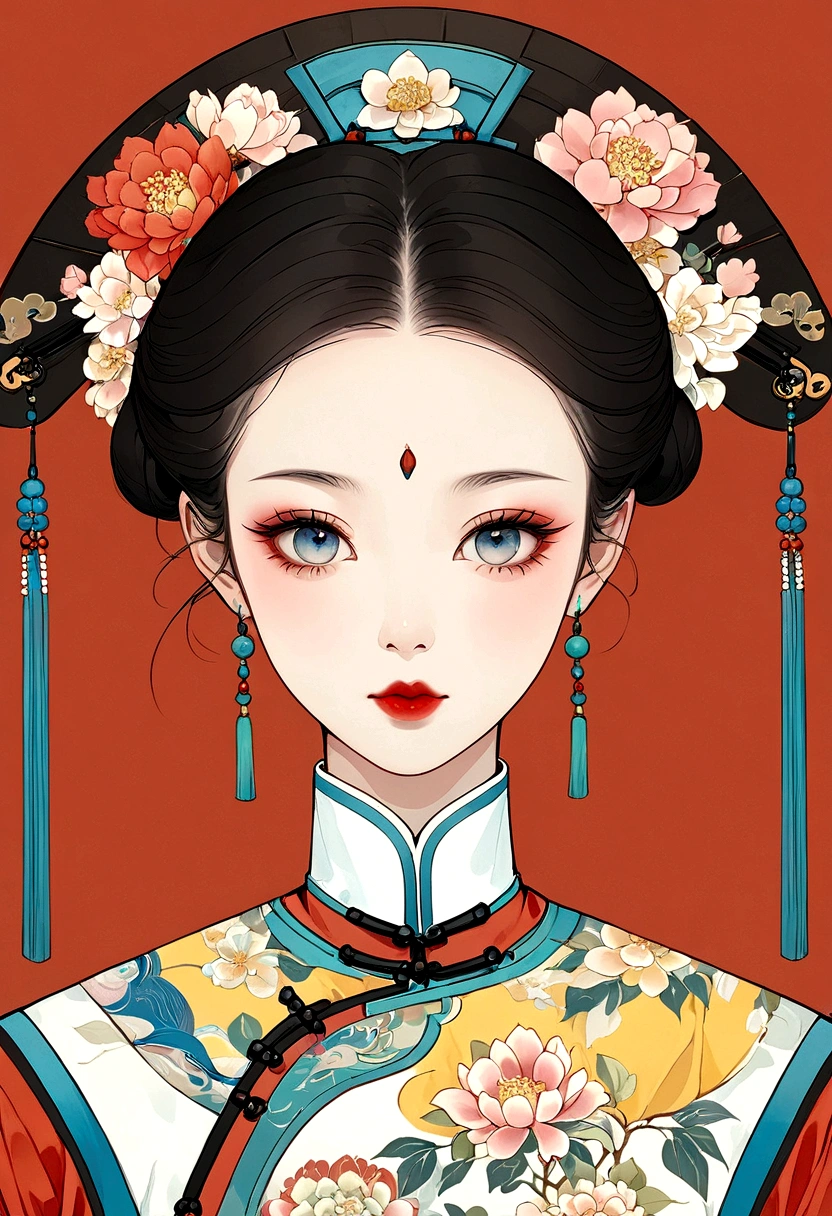 Procreate board drawing beautiful digital art，Clean lines，Beautiful Chinese Qing Dynasty Princess，Bright Eyes，Exquisite facial features，(((Qing Dynasty Gaoqitou，Flowers)))，symmetry，（Qing Dynasty Clothing，White scarf）Handheld tuan fan，Bright colors，High Saturation，Solid red background，Medium shot