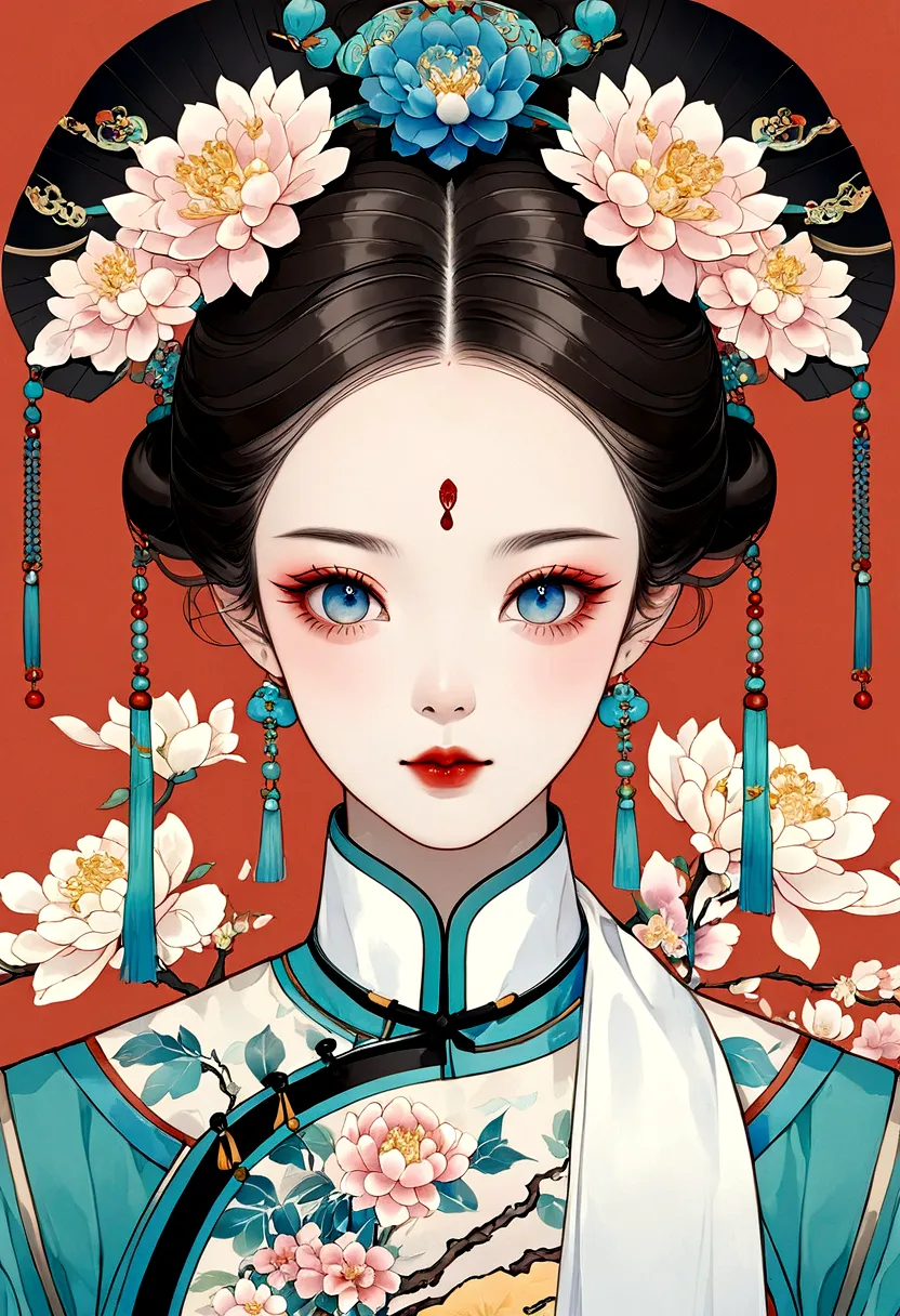 procreate board drawing beautiful digital art，clean lines，beautiful chinese qing dynasty princess，bright eyes，exquisite facial f...