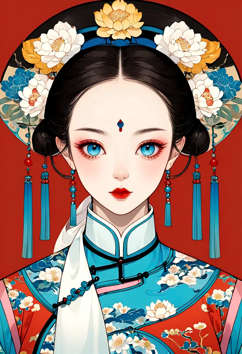 Procreate board drawing beautiful digital art，Clean lines，Beautiful Chinese Qing Dynasty Princess，Bright Eyes，Exquisite facial features，(((Qing Dynasty Gaoqitou，Flowers)))，symmetry，（Qing Dynasty Clothing，White scarf）Handheld tuan fan，Bright colors，High Sat...