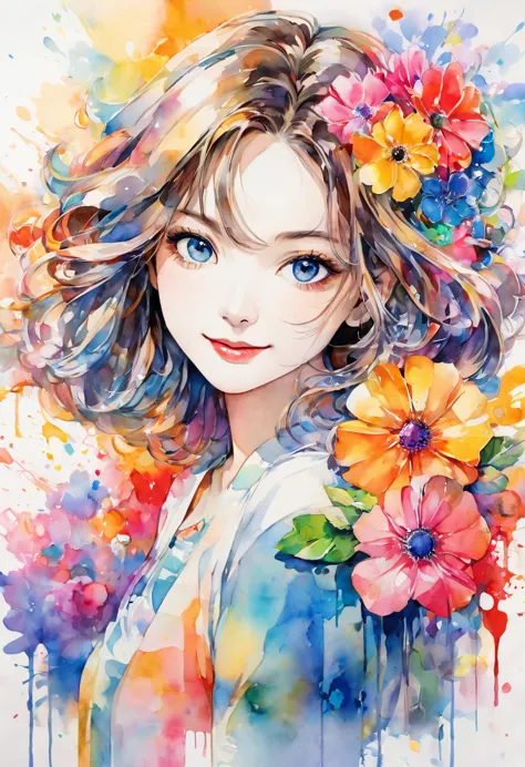 beautiful woman portrait, cute smile, sylvia pelissero watercolors, colorful flowers, beautiful eyes,  upper body, abstract art,...