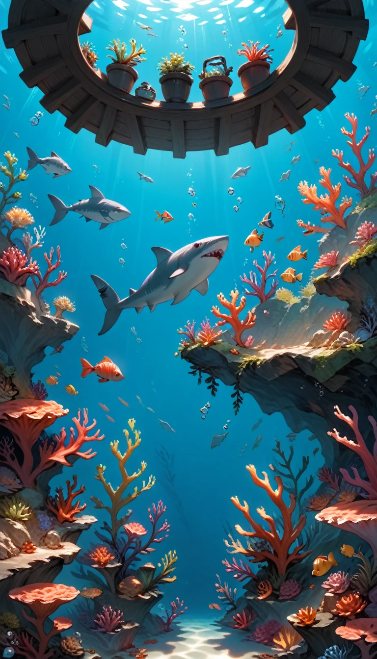 Highest quality, Highest quality, 16K, Unbelievably absurd, Very detailed, 2.5D, delicate and dynamic, aquarium, Large sink, Colorful Coral, A little faint light and a little fish, shark, Underwater, Underwater, sharkの格好をした少女, , ,, erotic, shark女, sharkの服