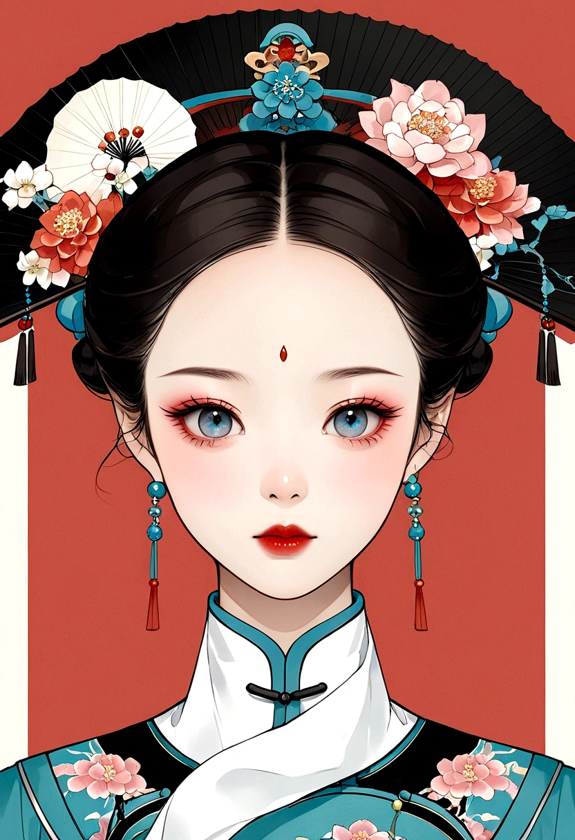 Procreate board drawing beautiful digital art，Clean lines，Beautiful Chinese Qing Dynasty Princess，Bright Eyes，Exquisite facial features，(((Qing Dynasty Gaoqitou，Flowers)))，symmetry，（Qing Dynasty Clothing，White scarf），(((Handheld tuan fan)))，Bright colors，High Saturation，Solid red background，Medium shot