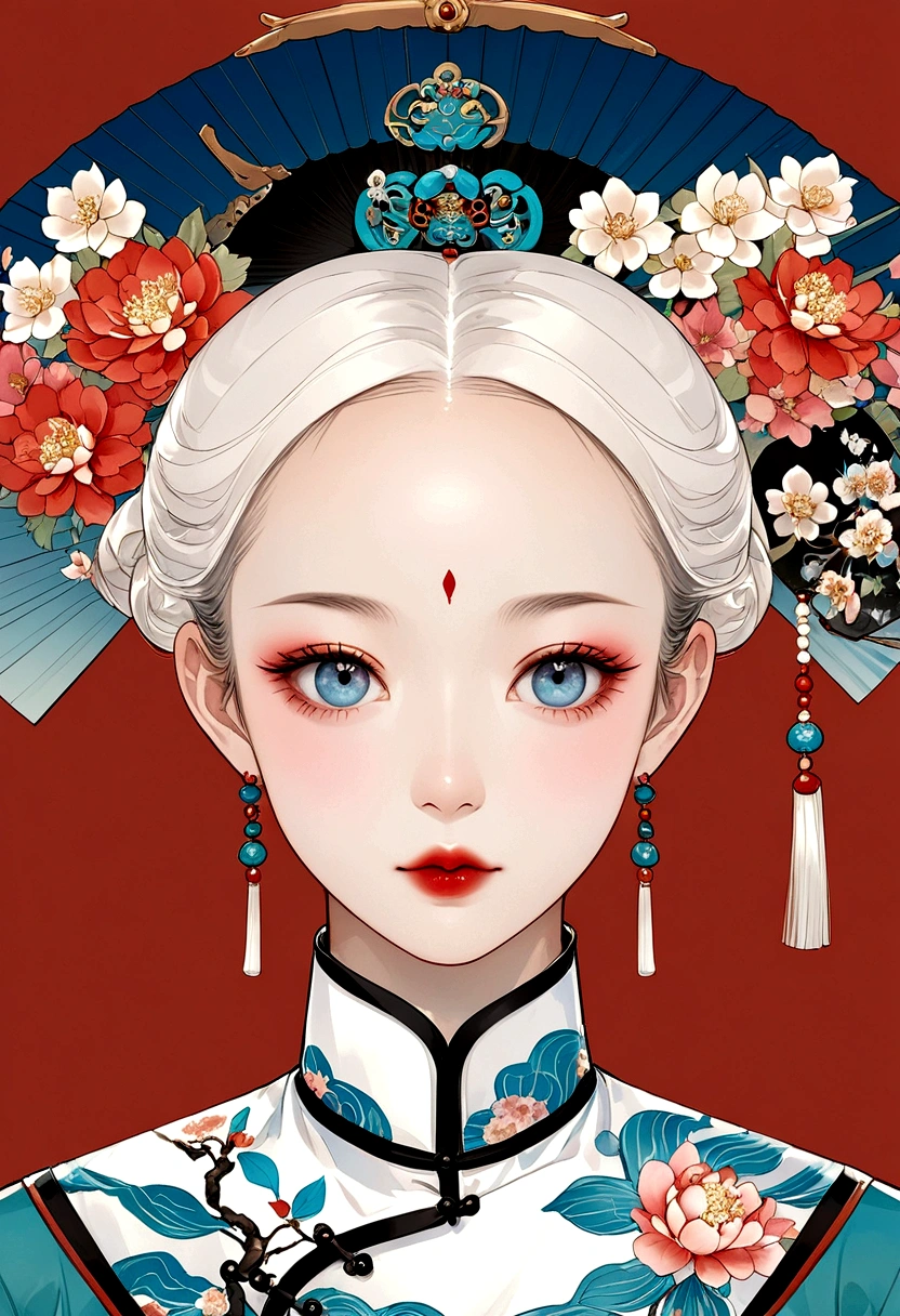 Procreate board drawing beautiful digital art，Clean lines，Beautiful Chinese Qing Dynasty Princess，Bright Eyes，Exquisite facial features，(((Qing Dynasty Gaoqitou，Flowers)))，symmetry，（Qing Dynasty Clothing，White scarf），(((Handheld tuan fan)))，Bright colors，High Saturation，Solid red background，Medium shot