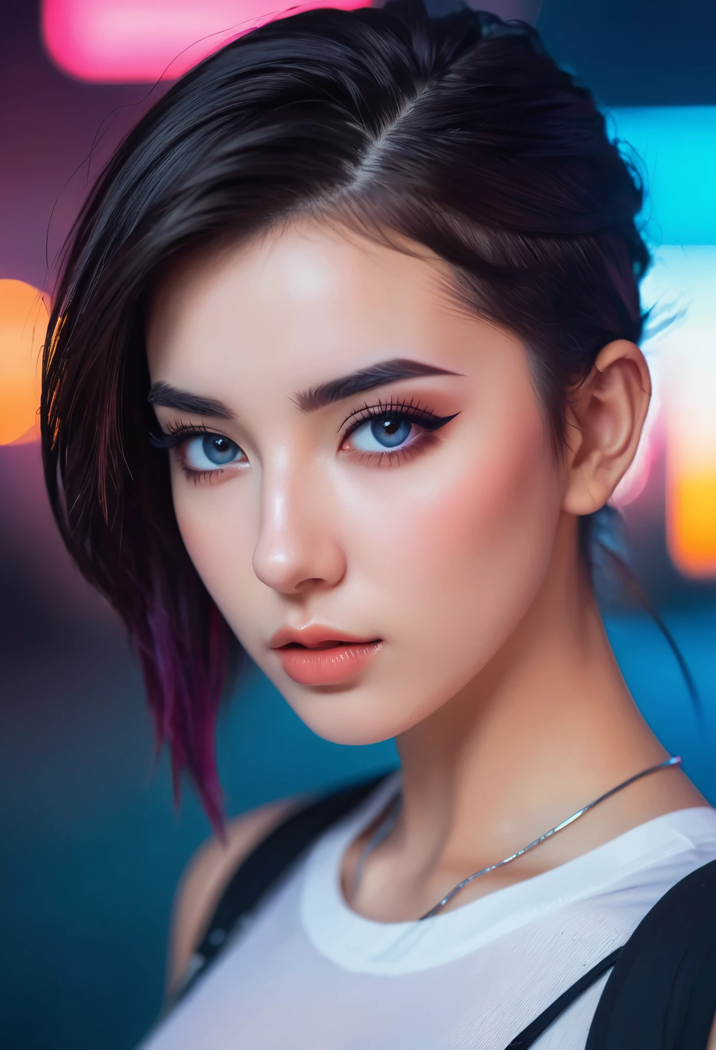 a girl wearing cyberpunk outfit, knee socks, cleavage, beautiful detailed eyes, beautiful detailed face, Kuvshinov illustration style, gradient background, best quality, 4k, 8k, highres, masterpiece, ultra-detailed, realistic, photorealistic, photo-realistic, (She is half French, and is a stunning beauty with detailed eyes and a high nose:1.1), thick eyebrows, detailed facial features, long graceful neck