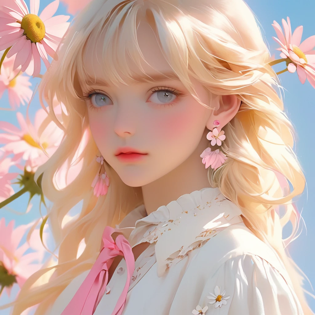 close up face,highest quality,kawaii cute girl, blonde pink long hair, earrings, collar, (highly fashion white clothes), (Delicate hair depiction), (Delicate pink eyes), (delicate features), alone, (small daisies), Portrait depiction, solid color background, broken state