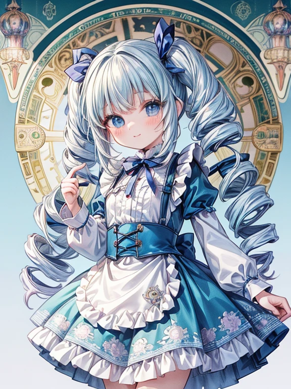 masterpiece, Highest quality, Very detailed, 16K, Ultra-high resolution, Cowboy Shot, Alice in Wonderland, (art nouveau:1.5), 10-year-old girl, Detailed face, Mischievous Smile, blue eyes, Silver Hair, (mega twin drills:1.3), Ribbon on head, Blue clothes, Plain white apron, 大きなclockのある部屋で, clock, 壁clock