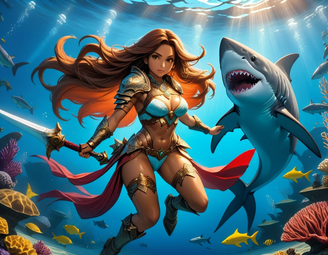 , a wide angle picture of a female human druid swimming along her pet shark, priest of underwater nature, cleric of underwater nature, art full body, ((anatomically correct)), dynamic position (intricate details, Masterpiece, best quality: 1.5) talking to a shark (intricate details, Masterpiece, best quality: 1.5) under the sea  (intricate details, Masterpiece, best quality: 1.5), a human woman wearing scale armor ((intricate details, Masterpiece, best quality: 1.4) leather boots, armed with a sword, GLOWING WEAPON, thick hair, long hair, brown hair, tan skin intense brown eyes, undersea background (intense details),  night undersea( (intricate details, Masterpiece, best quality: 1.5)high details, best quality, 16k, RAW, (ultra detailed: 1.5), masterpiece, best quality, (extremely detailed), dynamic angle, ultra wide shot, RAW, photorealistic, fantasy art, rpg art, realistic ), dynamic angle,  (intricate details, Masterpiece, best quality: 1.5)), high details, best quality, highres, ultra wide angle, Wielding sword, chumbasket art style