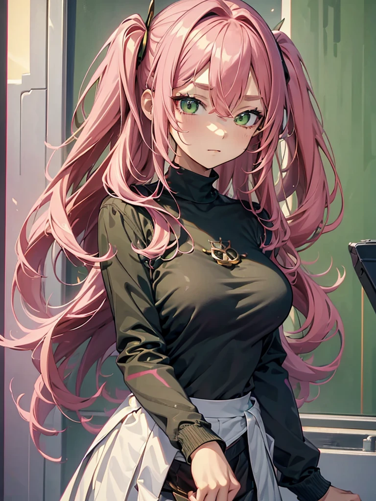 (masterpiece, best quality:1.4), 8k, Close Up, Pink Hair, Long Hair, Young adult, anime girl, Smug, Teasing, light Green Eyes, Big Chest, white casual Turtleneck, (detailed eyes and face, sharp pupils, realistic pupils:0.6)