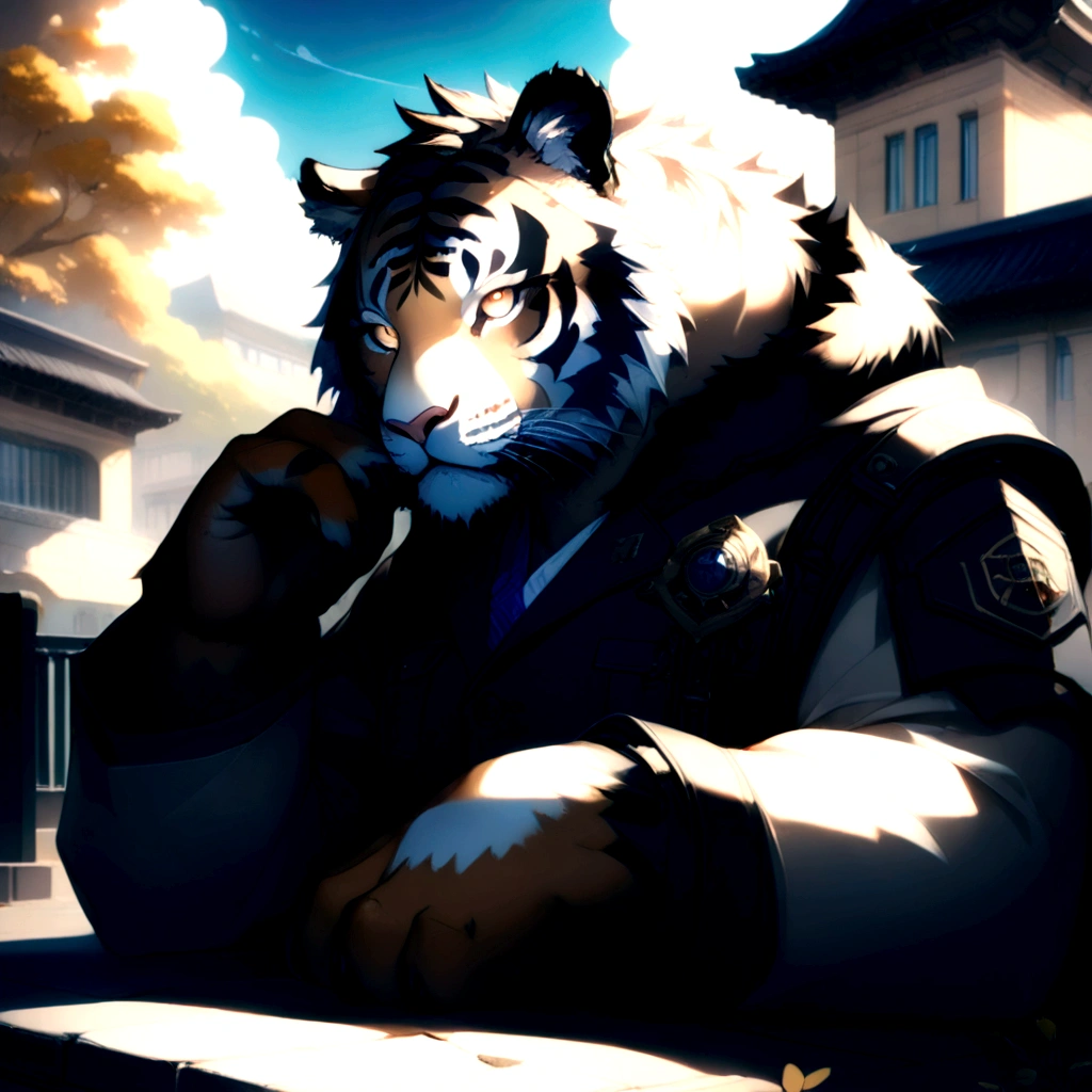 (masterpiece,best quality,Super detailed,Perfect anatomical structure),Detailed background,Empty,hairy,cannon, ,Clear focus,白色tiger，By Empty Ghost, rest 阳光,External,campus, Solitary,Solitary ，male,male ,human nature,Cat,tiger,muscular,rest (White fur:1.5,White body:1.5),looking at the audience,Delicateeyes, Dressed,Casual clothing is acceptable when the weather is nice,Golden pupils