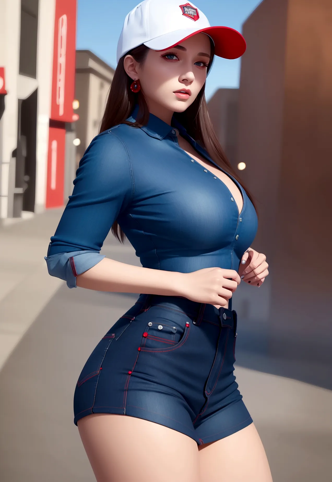 woman wearing a tiny red kilt in top, blue jeans in down, uhd, ultra realistic, ultra resolution, ultra quality, fully detailed,...