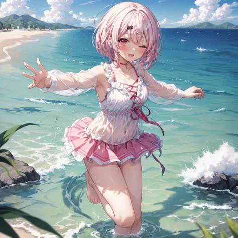 ((highest quality)), ((masterpiece)), (detailed), a cartoon girl in 比基尼s holding her pink hair in the water on a beach, 1girl, b...