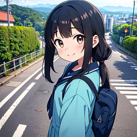 1girl, standing, head tilt,
(downhill:1.3), (sloped road), wide single road in japan, (sea in distance:1.4), (port city:1.4), (c...