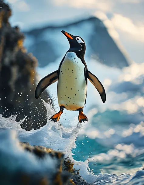 A penguin jumped off a high cliff into the sea, close-up of the moment of jumping, First Penguin.