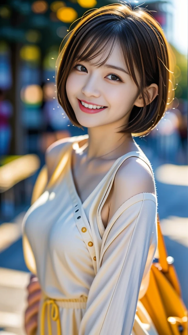 8K、best image quality、smile、masterpiece、buzzer、short hfine eyes、small breasts、A refreshing smile、Female college student、Dimples、Camisole showing both shoulders、Clear system、attending university、Ruck sack、Light yellow clothes