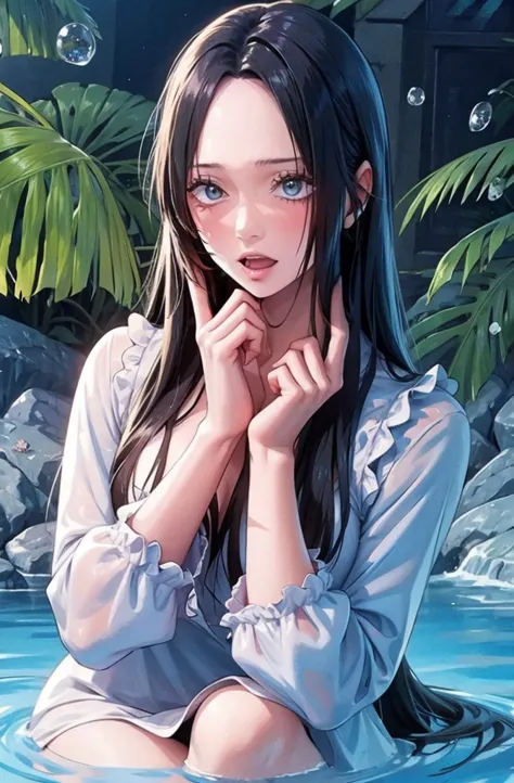 1girl, female water spirit, water-colored hair, spring water inside, a few drops of water on the skin,
