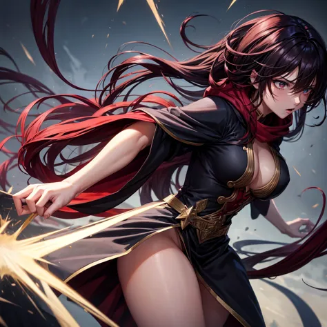 Create an anime fight scene, a black-haired wizard, a magician with sexy clothes and long red hair , messy, are struggling 
