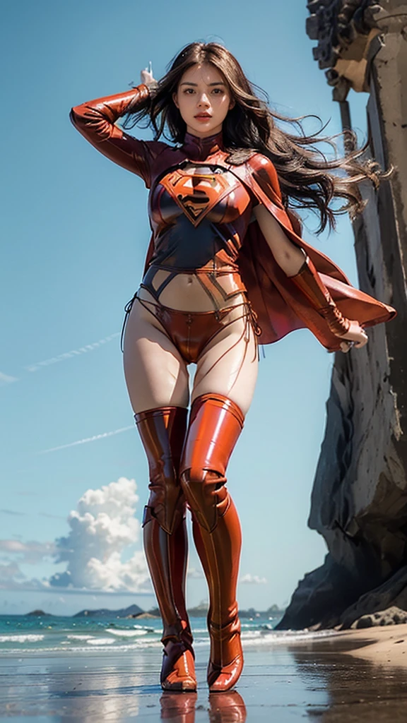 Masterpiece, best quality, NVIDIA RTX, 1girl, full makeups, extremely beautiful, orange wavy hair, hair blown by winds, sharp picture, realistic face and skin details, cinematic lightning, facing camera, intricate details, ((Supergirl)), ((tight bodyshape suit)), ((red latex panties:1.3)), ((red limbs armor:1.3)), ((wearing black tight stockings on your beautiful legs:1.2)), ((Supergirl symbol)), ((cameltoe:1.4)), perfect face, fit body, tall, (cape blown by strong winds:1.3), ((full body)), posing in the middle, symmetrical pose, ultra lights reflection, morning at the beach, from below