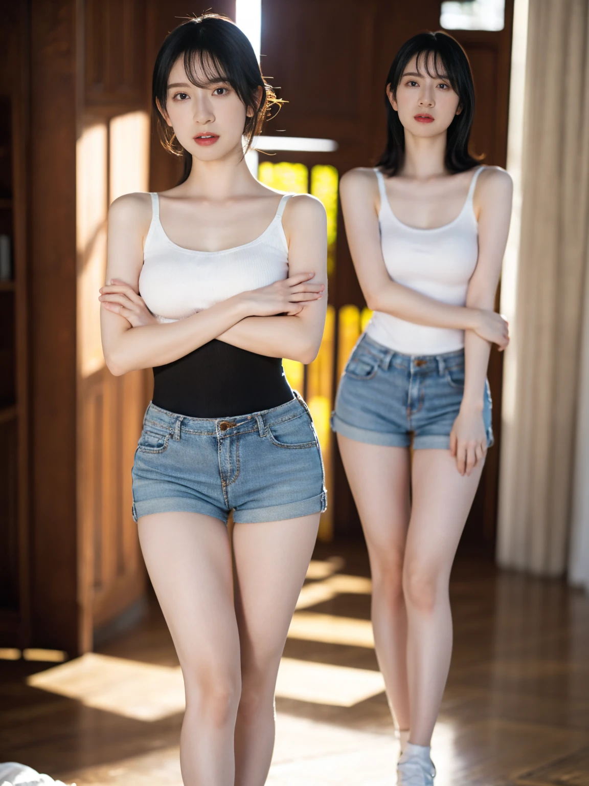 1girl, woman, masterpiece, best quality, highest quality, cinematic lighting, (volumetric lighting), extremely detailed CG unity 8k wallpaper, focused, 8k wallpaper, extremely detailed, ultra realistic, photorealistic, sharp focus, absurdres, (HDR:1.2), (high contrast), photograph, detailed and intricate, instagram, portrait, highly detailed, digital painting, artstation, concept art, smooth, sharp focus, illustration, cinematic lighting, (big breast:1.2), (((skinny, slim legs))), (idol posture), (knit strap tanktop, short pants), looking at the viewer, ((crossed arms)), ((Standing)), ((Composition shot from the thighs up:1.6))