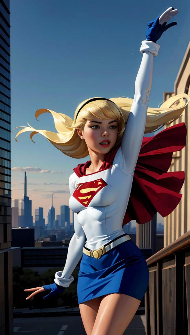 photo by full body (cowboy shot), sfw, (work of art), (best qualityer:1.0), (ultra high resolution:1.0), detailedeyes,
BREAK Supergirl, 1 girl, long blonde hair, mid-air, flying hair band, \(offwhite\) top cut, manga curta, layer, blue pencil skirt, mitts, BREAK boots
(clouds, citys, stunning vista)