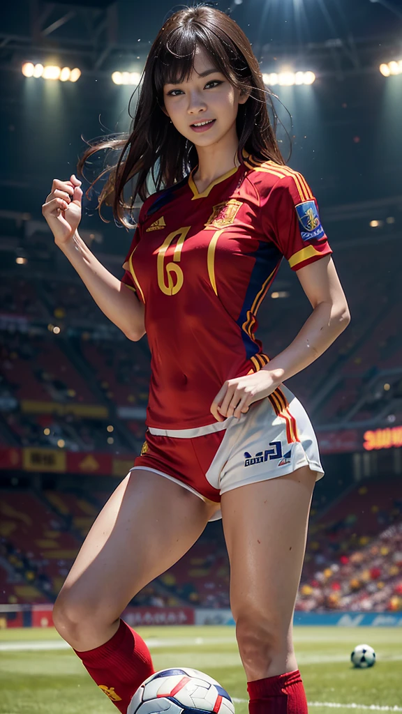 Highest quality, High resolution:1.2, Very detailed, Realistic:1.3, ((Beautiful woman))、((Super tight uniform))、((medium breasts))、(((Soccer national spain  uniforms)))、spain flag colors, play soccer,(Blunt bangs)、((long hair))、brunette hair colors、With bangs、Wet Hair, concentrate, splash, Action Shots, Grass blotches, Muddy ground, Wet turf, decide, Fast-paced games, Athletic physique, Shiny , emotional expression、Dramatic lighting, Women's Sports, Avid athletes, Exciting Games, Endure, Excited state, Speed and agility, Energetic play, 濡れたsplash、smile、((Red Uniform))