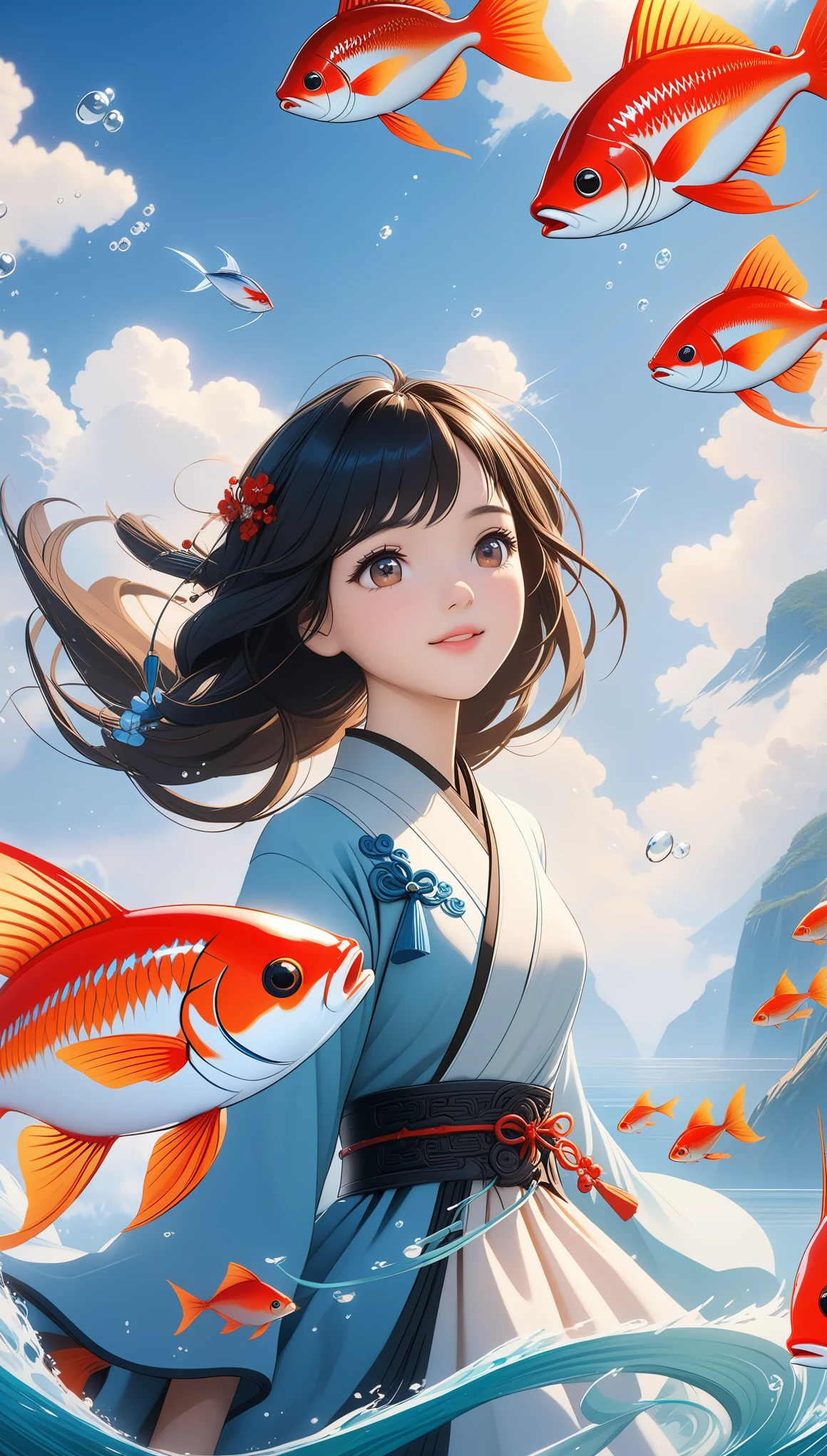 {high quality}, Octane Rendering, Ultra HD, Depth of Field, epic, Movie, China, 1 Girl, Cute face, Solitary, Flying Fish,