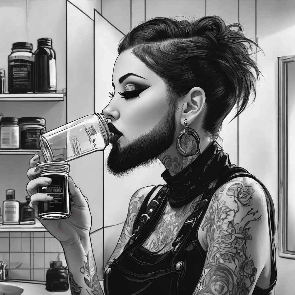 Bearded woman, short hair, punk goth style, receives a jar of minoxidil -  SeaArt AI