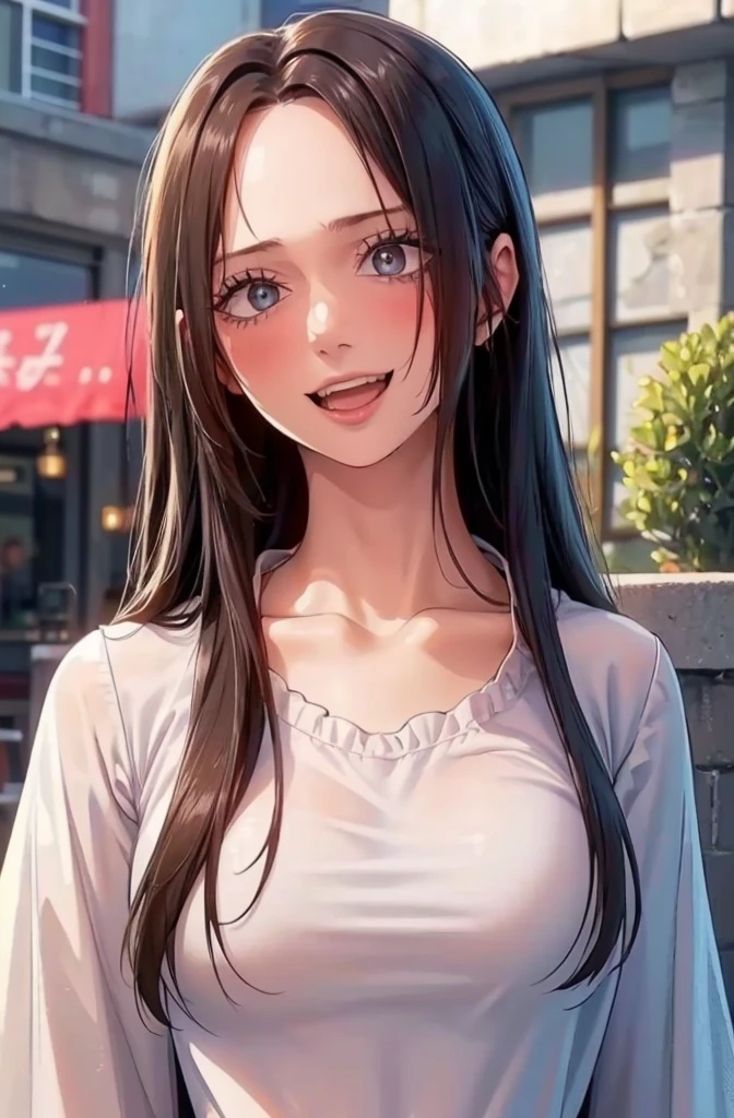 RAW photos, camera gaze, ((top quality, 8k, masterpiece: 1.3)), sharp focus: 1.2, white shirt, pretty features, best smile, cute smile, beautiful woman in perfect style: 1.4, slender abs: 1.2, dark brown hair, (natural light, city street: 1.1), highly detailed face and skin texture, detailed eyes, double eyelids