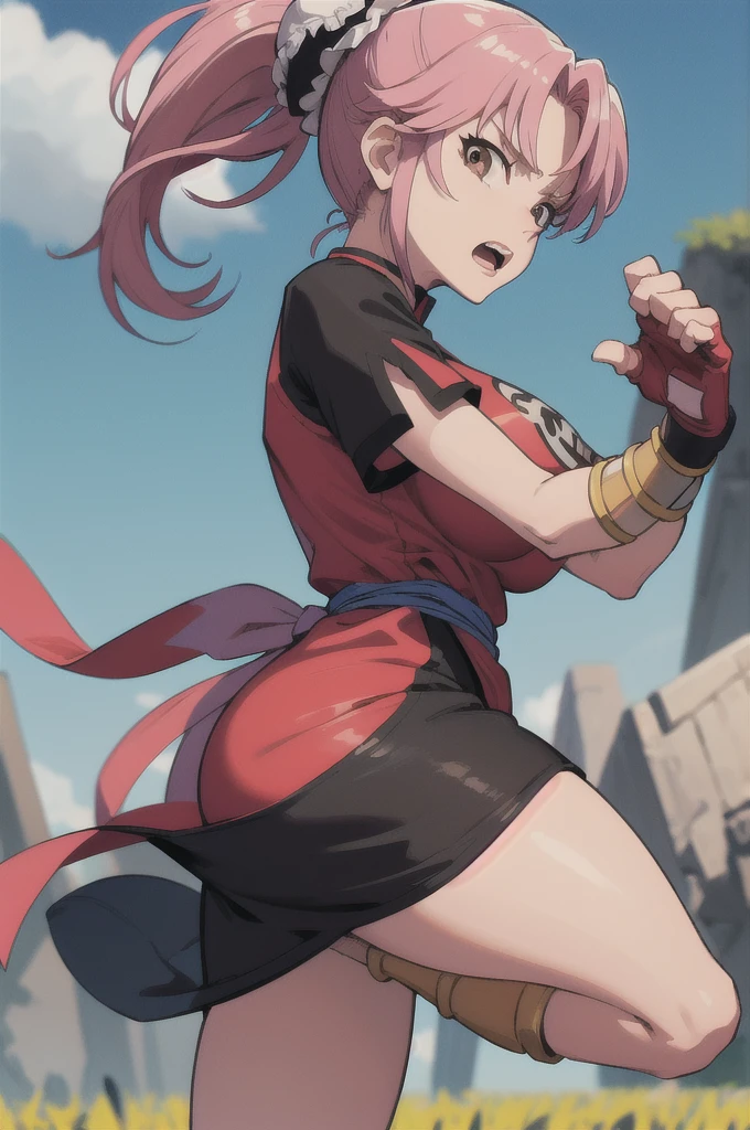 masterpiece, best quality,  martialMaam, hair bun, short hair, china dress, short sleeves, sash, fingerless gloves, furrowed brow, open mouth, fighting stance, from side, looking at viewer, big breasts:1.6, blue sky, field, standing on one leg