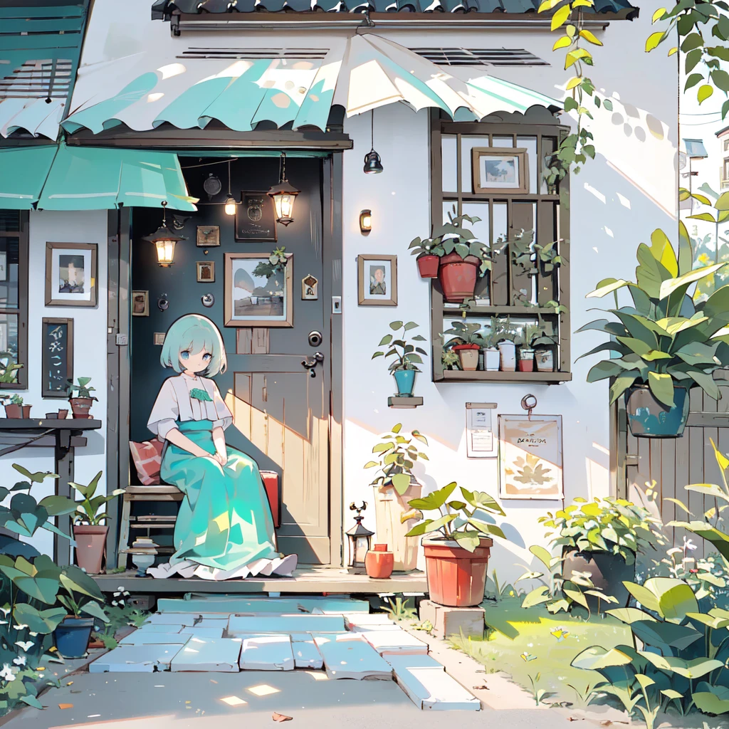 ((Hay una mujer sentada en el patio.)), (rústico, primer plano de un , Barras de la puerta，vista al patio, en conserva，a plant), Estilo de fondo Ghibli, Estilo Yuru Chara，linda ilustración de libro de cuentos, , iluminación suave y suave, crema, Colores de Giorgio Morandi, gráfico de líneas gruesas, ilustración a todo color, ilustración de portada，solicitar estilo, (luz de lámpara:1.0)，obra maestra，mejor calidad,