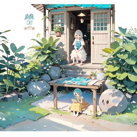 ((There is a woman sitting in the yard)), (rustic, Close-up of a , Door bars，Courtyard view, potted，a plant), Ghibli background ...