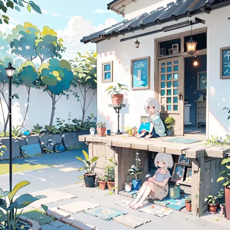 ((There is a woman sitting in the yard)), (rustic, Close-up of a , Door bars，Courtyard view, potted，a plant), Ghibli background ...
