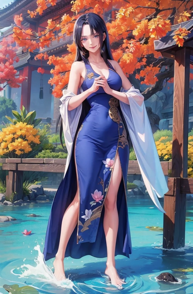 ((4k,masterpiece,best quality)), shuimobysim, Chinese painting, lotus, hanfu, maxiskit, dress open, swf 1girl, solo, long blue hair, smile, standing, feet in the water, barefoot,