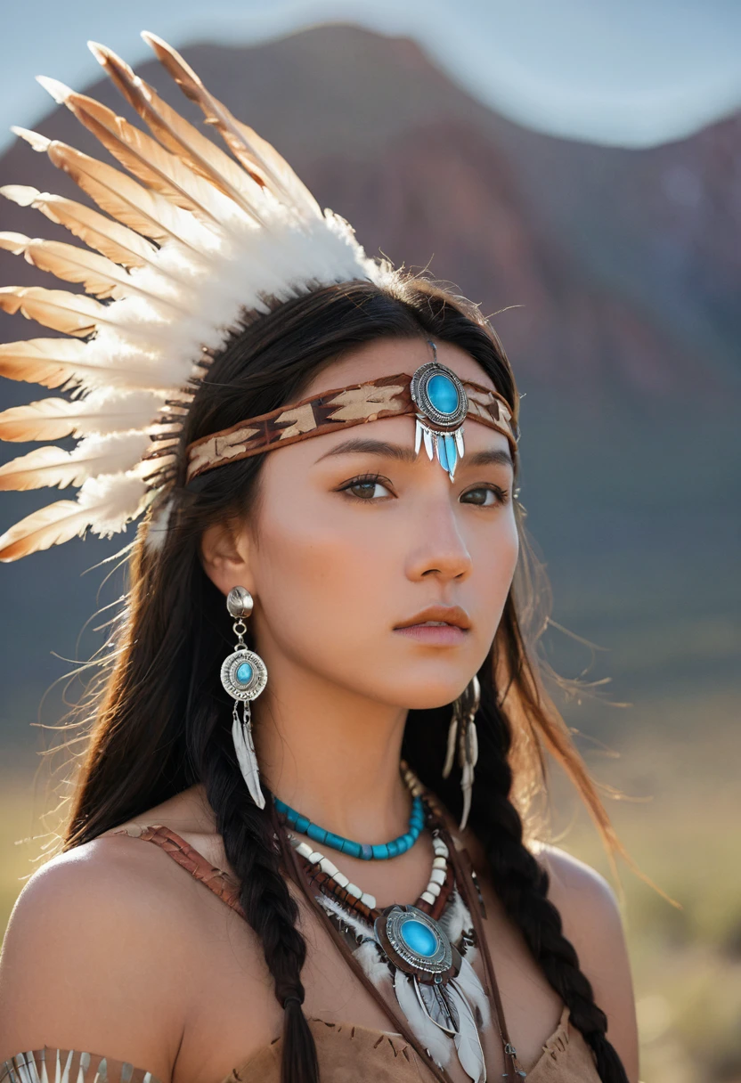 portrait photograph of Marie Avgeroupolus  as Pocahontas, young beautiful native american woman, perfect symmetrical face, indigenes feather jewelry, traditional handmade dress, armed female hunter warrior, (((wild west))) environment, Utah landscape, ultra realistic, concept art, elegant, ((intricate)), ((highly detailed)), depth of field, ((professionally color graded)), soft ambient lighting, dusk, 8k, art by artgerm and greg rutkowski and alphonse mucha