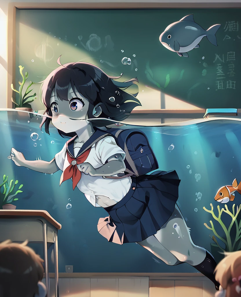 A young female dolphin student in a school uniform, playfully swimming through an underwater classroom (Her sleek gray body and bottlenose visible beneath her clothes，best quality, masterpiece, ultra-detailed, intricate, illustration, detailed lighting, underwater lighting, caustics, motion blur, lens flare, 1 anthropomorphic character, dolphin girl, school uniform, underwater classroom, seaweed decorations, coral reef, fish swimming in background, waterproof books, pencils, backpack, playful expression, sleek gray skin, dorsal fin, flippers, bottlenose, classroom decorations, underwater chalkboard, other sea creature students in background, bubbles, 4k, hyper realistic