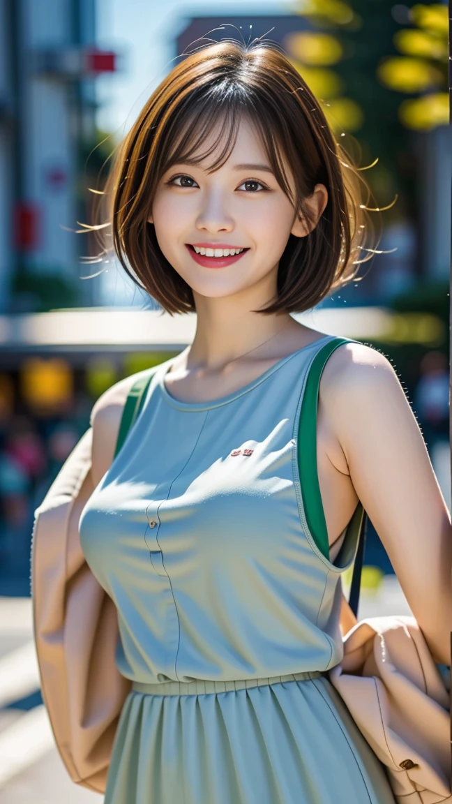 8K、best image quality、smile、masterpiece、buzzer、short hfine eyes、small breasts、A refreshing smile、Female college student、Dimples、Camisole showing both shoulders、Clear system、attending university、Ruck sack、Light green clothes