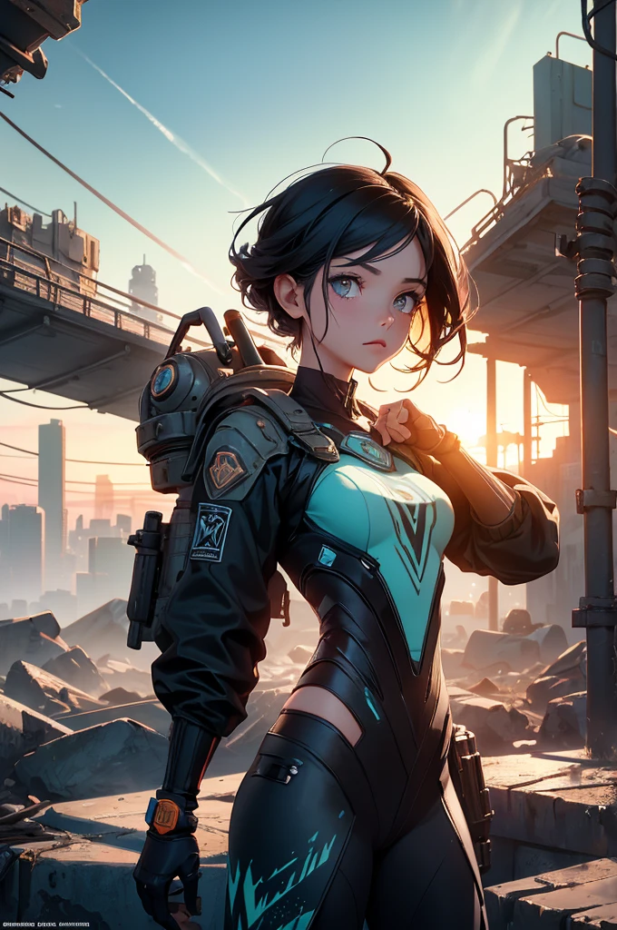 atmósfera negra la noche lluviosa sombría en anime 4D pintura al óleo Una ilustración de portada de revista con temática postapocalíptica de Fallout, una niña fénix poderosa logan + Elza poder de hielo congelado sumergido en el resplandor del sol poniente, en acuarela surrealista al estilo Ghibli, encuentra su mirada proyectada hacia un paisaje urbano saturado de color en el horizonte, Elementos estéticos tomados de tipos de flora urbana que emergen escasamente y sugieren una atmósfera de desolación pero intrigante., movimiento detenido