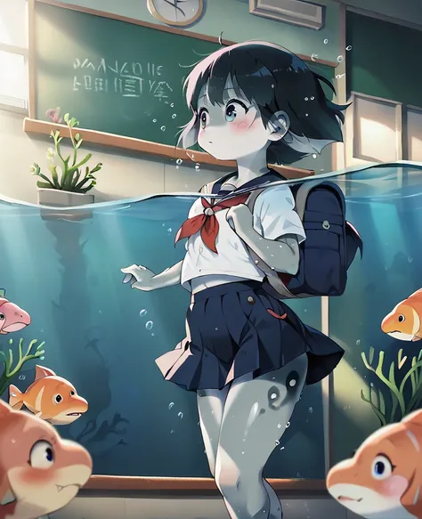 a young female dolphin student in a school uniform, playfully swimming through an underwater classroom (her sleek gray body and ...