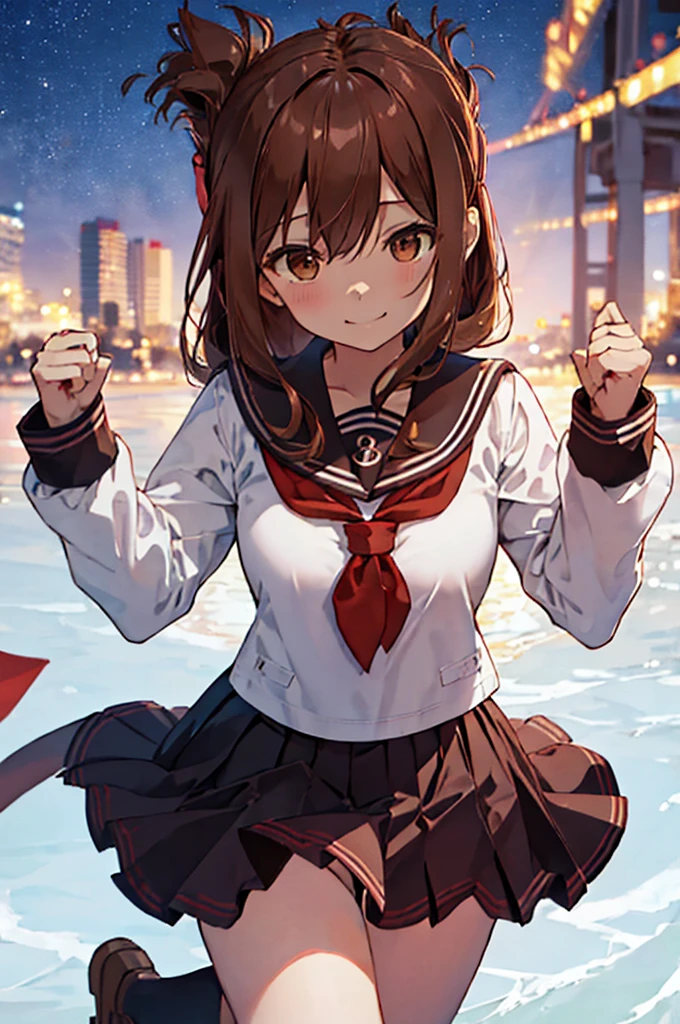 Highest quality, Tabletop, High resolution, 一人in, {inazuma_Fleet Collection:1.15}, brown_hair, Folded_ponytail, brown_eye, Seraphim, length_hair, red面, Open_mouth, smile, One Girl, anchor_symbol, black_skirt, length_sleeve, look up_in_Audience, neckerchief, Pleats_skirt, red_neckerchief, Sailor_collar, School_uniform, skirt,