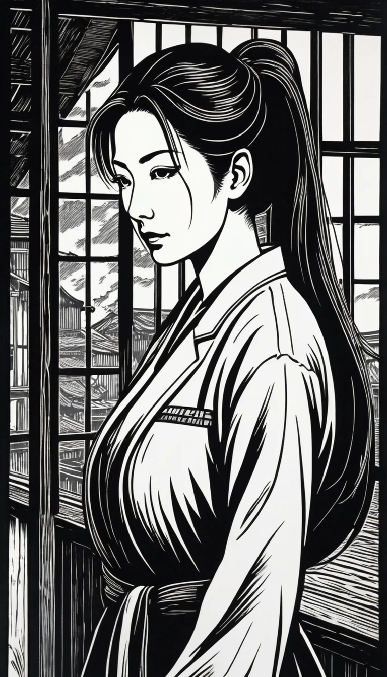 (Black and white woodcut:1.5)、(Second floor in black and white.)、foreground, dark and sinister atmosphere、profile face of a female doctor, long black hair, with long ponytail, huge breasts, wearing a long doctor&#39;s coat, next to a microscope in a chemical laboratory, smiling at the viewer, Mysterious、